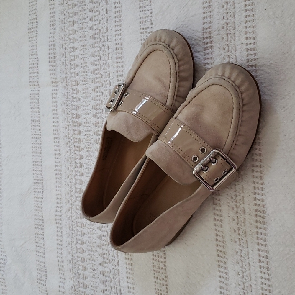 UGG suede beige loafer, slip on, silver buckle, flats,  women's size 7.